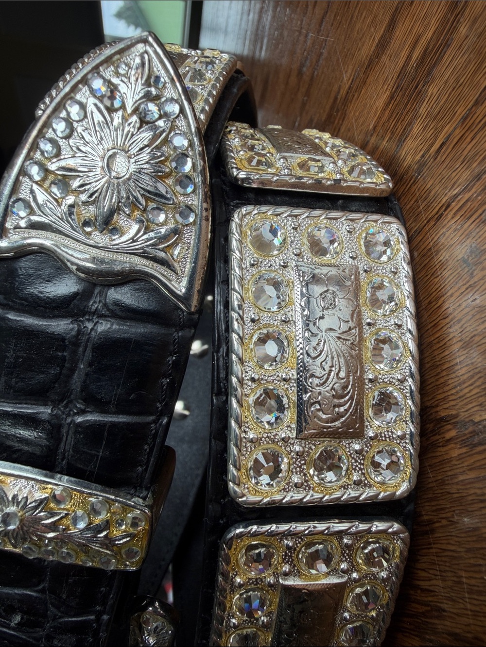 Nocona Black Crocodile-Embossed Leather Belt with Silver toned Western Buckle - Picture 3 of 5